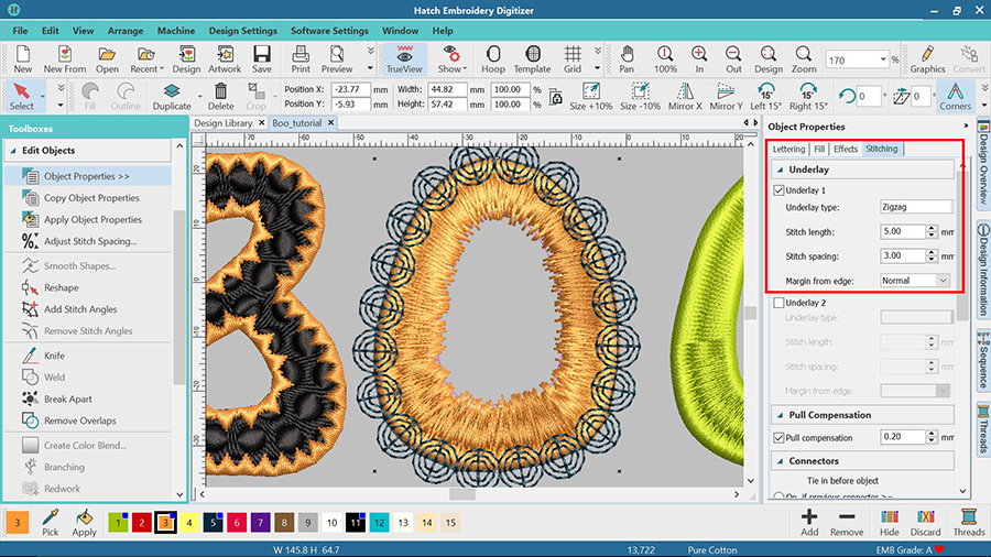 editing Halloween lettering in Hatch Embroidery software